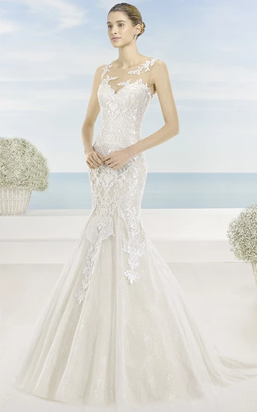 Mermaid Appliqued Bateau Lace Wedding Dress with Court Train and Illusion Back Unique Bridal Dress