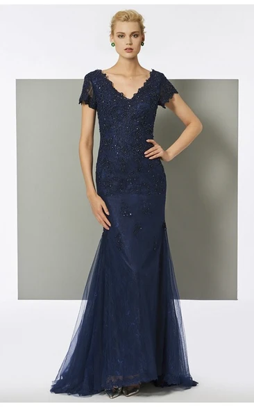 Mermaid Gown with Beaded V-neckline Tulle Fabric Short Sleeves Sweep Train