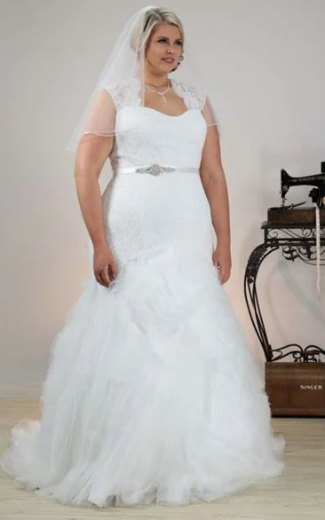 Plus Size Trumpet Wedding Dress with Jeweled Queen Anne Neckline and Appliques