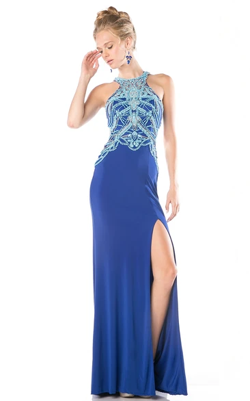 Maxi Jersey Illusion Formal Dress with Beading and Split Front