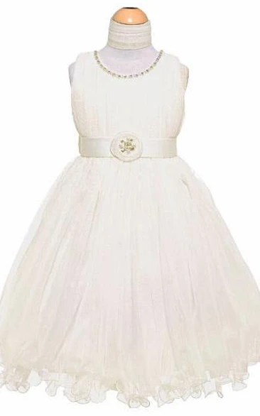 Jewel Tea-Length Tiered Tulle Flower Girl Dress with Pleats
