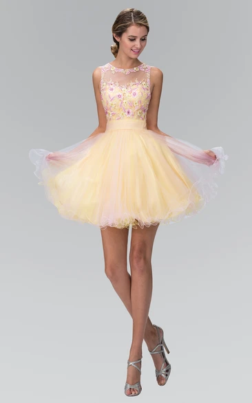 Jewel-Neck Tulle Mini Dress with Appliques in Multiple Colors