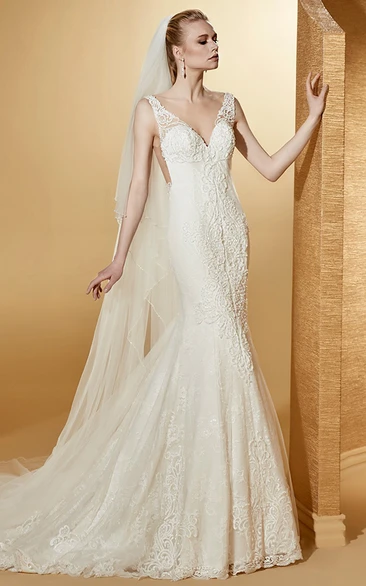 Cap Sleeve Lace Mermaid Wedding Dress with Illusive Appliques and Court Train Chic and Unique