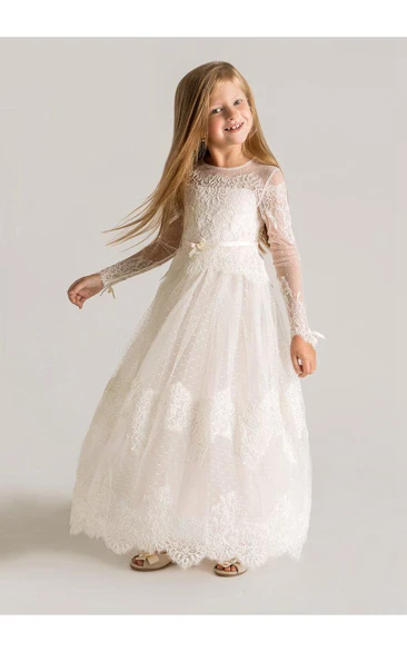 Modern Flower Girl Dress with Long Sleeves and Lace A-line Design