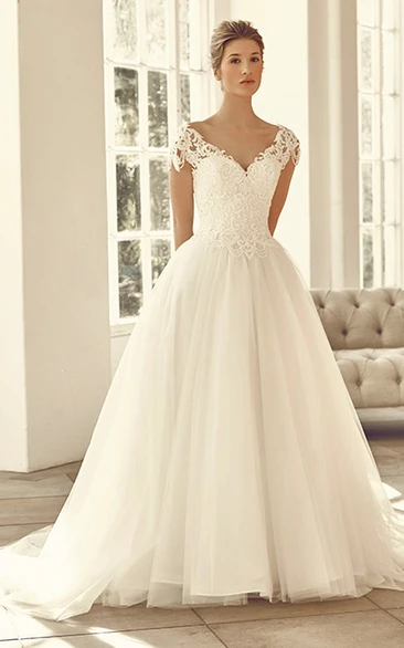 Cap-Sleeve V-Neck Lace and Tulle Wedding Dress Long Bridal Gown