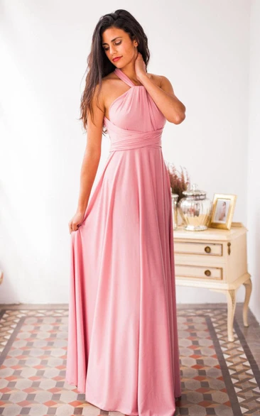 Floor-length Halter Bridesmaid Dress with Sash and Pleats