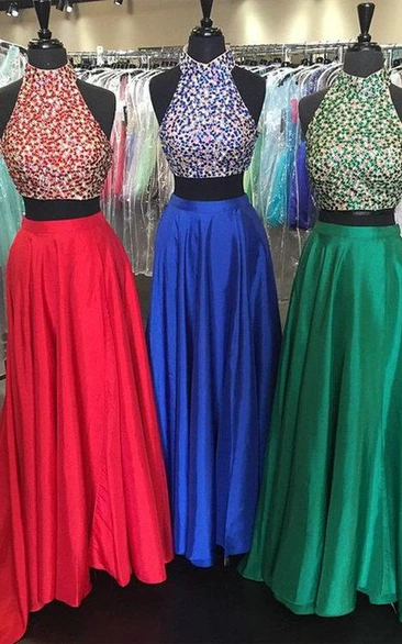 High Neck Beaded Two-Piece Prom Dress Long Unique Prom Dress 2024