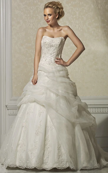 Strapless Lace Organza and Satin Ball Gown Wedding Dress with Pick Up and Cape Glamorous Wedding Dress