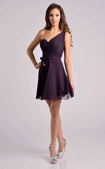 Short One-Shoulder Ruched Chiffon Bridesmaid Dress with Ribbon Elegant Bridesmaid Dress