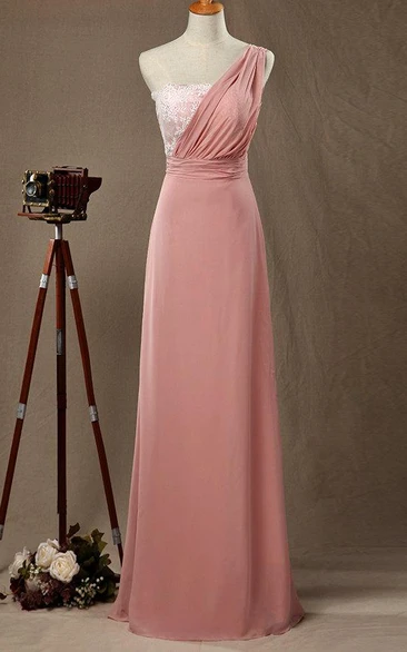 One-Shoulder Satin and Lace Prom Dress with Floor-Length Skirt