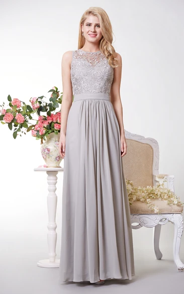 Chiffon Bridesmaid Dress with Lace Top and Keyhole Back Bateau Neckline