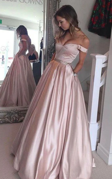 Satin Off-the-Shoulder A-Line Cap Sleeve Formal Dress with Floor-Length Skirt