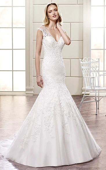 Sleeveless V-Neck Tulle Mermaid Wedding Dress with Illusion