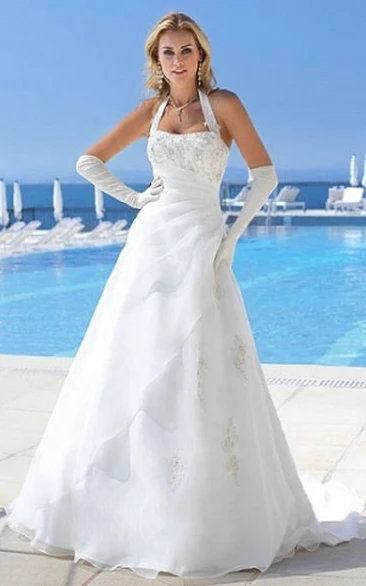 Organza Halter A-Line Wedding Dress with Long Sleeves and Brush Train