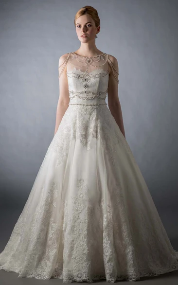 Lace Maxi Wedding Dress with Illusion and Sweep Train Gorgeous Bridal Gown