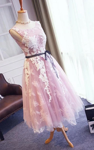 V-Back Lace Tea-Length Dress for Women