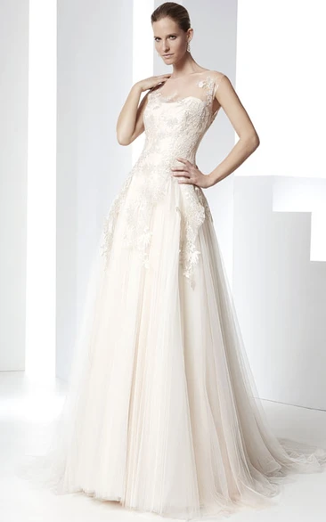 Illusion Bateau Appliqued Tulle Wedding Dress with Court Train Classic Bridal Gown