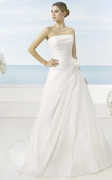 Satin A-Line Wedding Dress with Side Draping and Flower