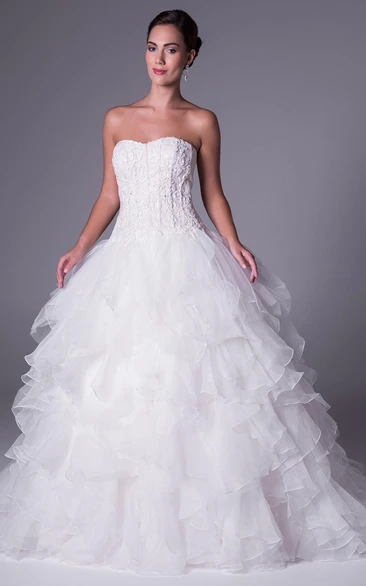 Beaded Tulle Ball Gown Wedding Dress with Ruffles Tiered Skirt and Strapless Bodice