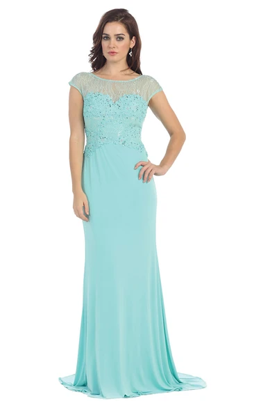 Sheath Jersey Low-V Back Dress with Lace and Appliques Simple Dress for Beach Formal