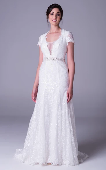 Short-Sleeve Lace Sheath Wedding Dress with Waist Jewelry and Keyhole