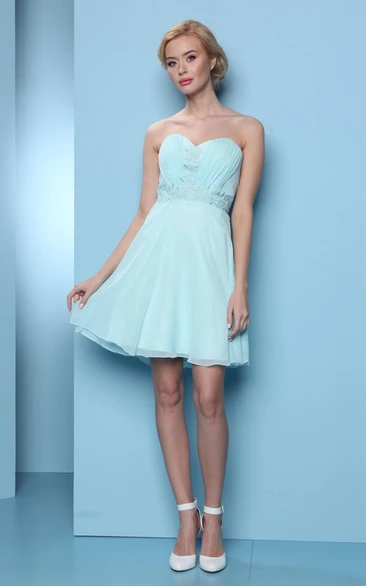 Short Chiffon Bridesmaid Dress with Ruching Embroidery and Sweetheart Neckline