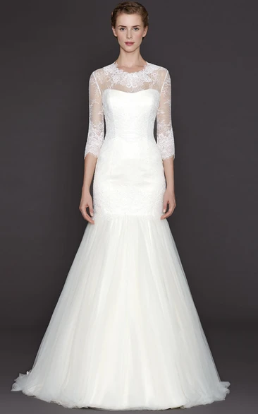 Illusion High Neck A-Line Wedding Dress with Appliques and 3-4 Sleeves