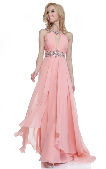 Chiffon A-Line Dress with Ruching Beading and Straps for Prom