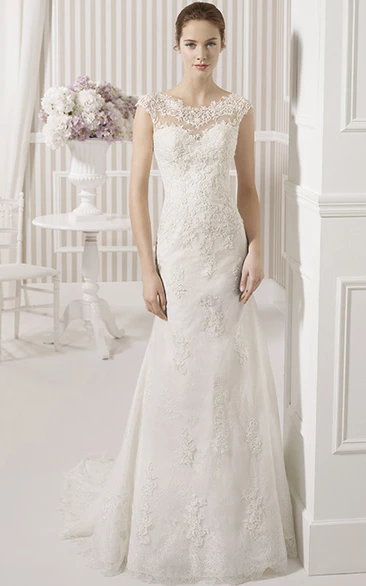 Lace Cap-Sleeve Sheath Wedding Dress with Court Train and Illusion Back