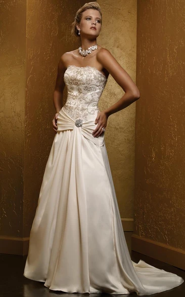 Satin A-Line Wedding Dress Beaded Strapless Floor-Length with Broach and Lace-Up Back