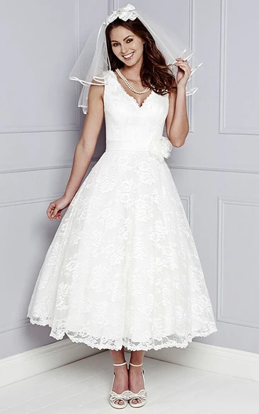 Tea-Length Lace Wedding Dress with Flower Applique and V-Neck