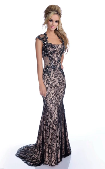 Lace Cap Sleeve Trumpet Prom Dress with Beaded Detail and Keyhole Back