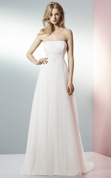 Strapless Tulle A-Line Wedding Dress with Appliques and Brush Train