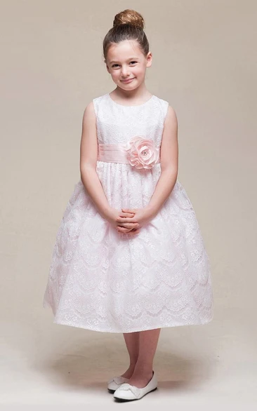 Ribboned Tea-Length Beaded Lace Flower Girl Dress with Floral Pattern