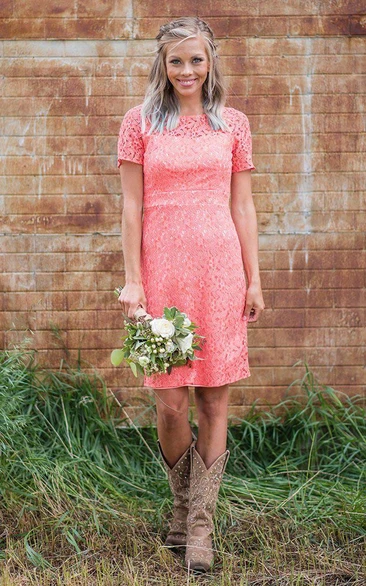 Short-Sleeve Lace Short Bridesmaid Dress Casual Lace Bridesmaid Dress