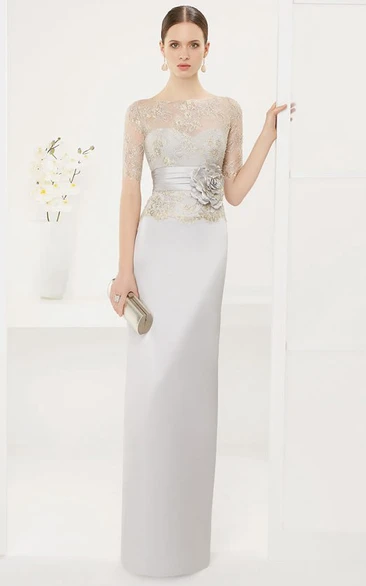 Satin Long Dress with Lace Top and Flower Sheath Bateau Short Sleeve Classic Formal Dress
