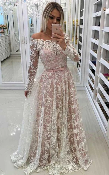 Lace Off-the-shoulder A-Line Prom Dress Illusion Long Sleeve