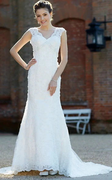 Floor-Length Lace Wedding Dress with V-Neck and Court Train