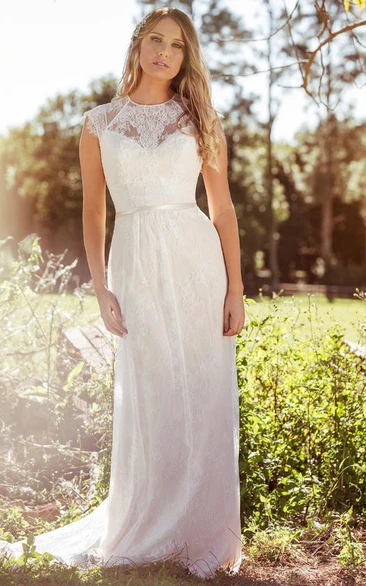 Sleeveless Lace Wedding Dress with Illusion and Appliques Scoop-Neck Floor-Length Sheath Gown