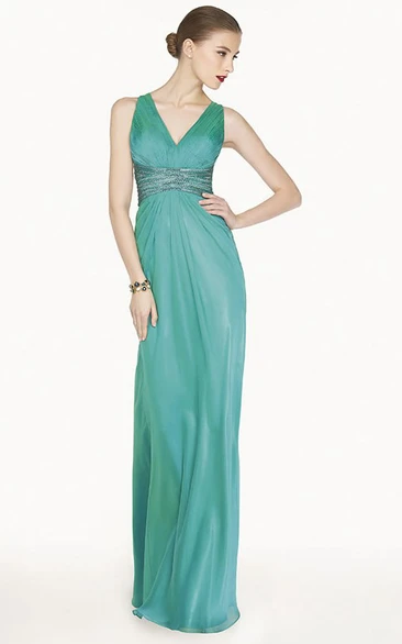 V-Neck Sheath Prom Dress with Crystal Criss Cross Straps Long Flowy Women