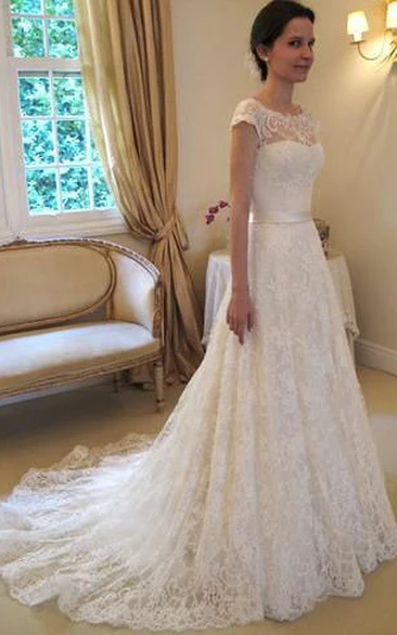 Court Train Lace Wedding Dress with Sleeveless A-Line Princess Cut