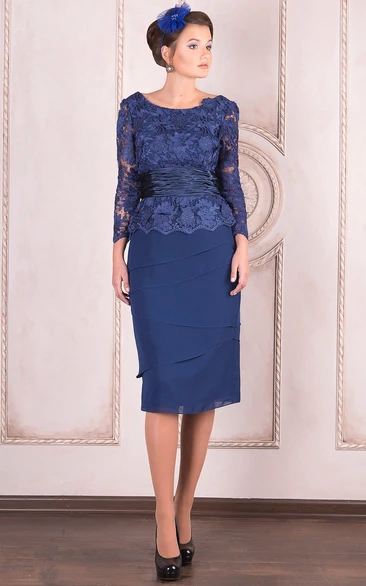 Appliqued Knee-Length Mother of the Bride Dress with Long Sleeves and Scoop Neck