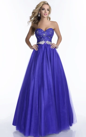 A-Line Tulle Lace Prom Dress with Beaded Waist Long