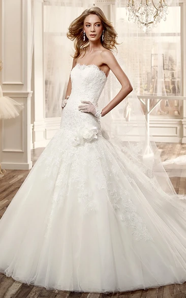 Long Pleated Wedding Dress with Strapless Bodice and Back Bow Chic Bridal Gown