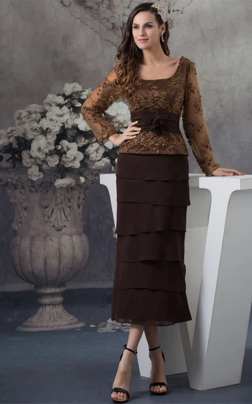 Square-Neck Long-Sleeve Tiered Formal Dress with Appliques