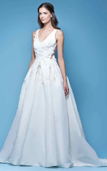 V-Neck Satin A-Line Wedding Dress with Appliques Classic Bridal Gown