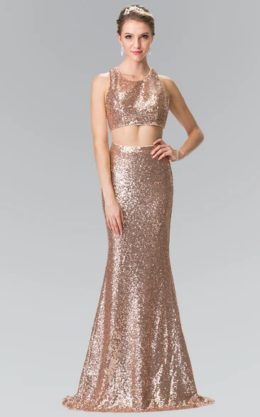 Two-Piece Sequin Sheath Maxi Dress with Scoop Neck Unique Prom Dress