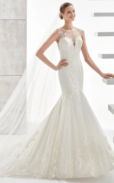 Lace Mermaid Wedding Dress with Jewel Neckline and Brush Train Elegant Bridal Gown