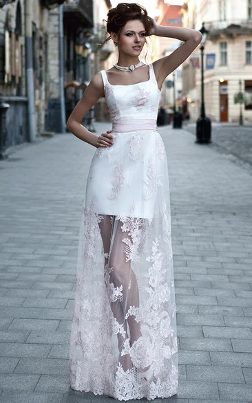 Square A-Line Prom Dress with Appliqued Lace and Satin Sleeveless and Floor-Length