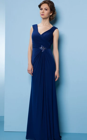 Jeweled Chiffon Bridesmaid Dress with V-Neck and Sweep Train Long V Back Classy